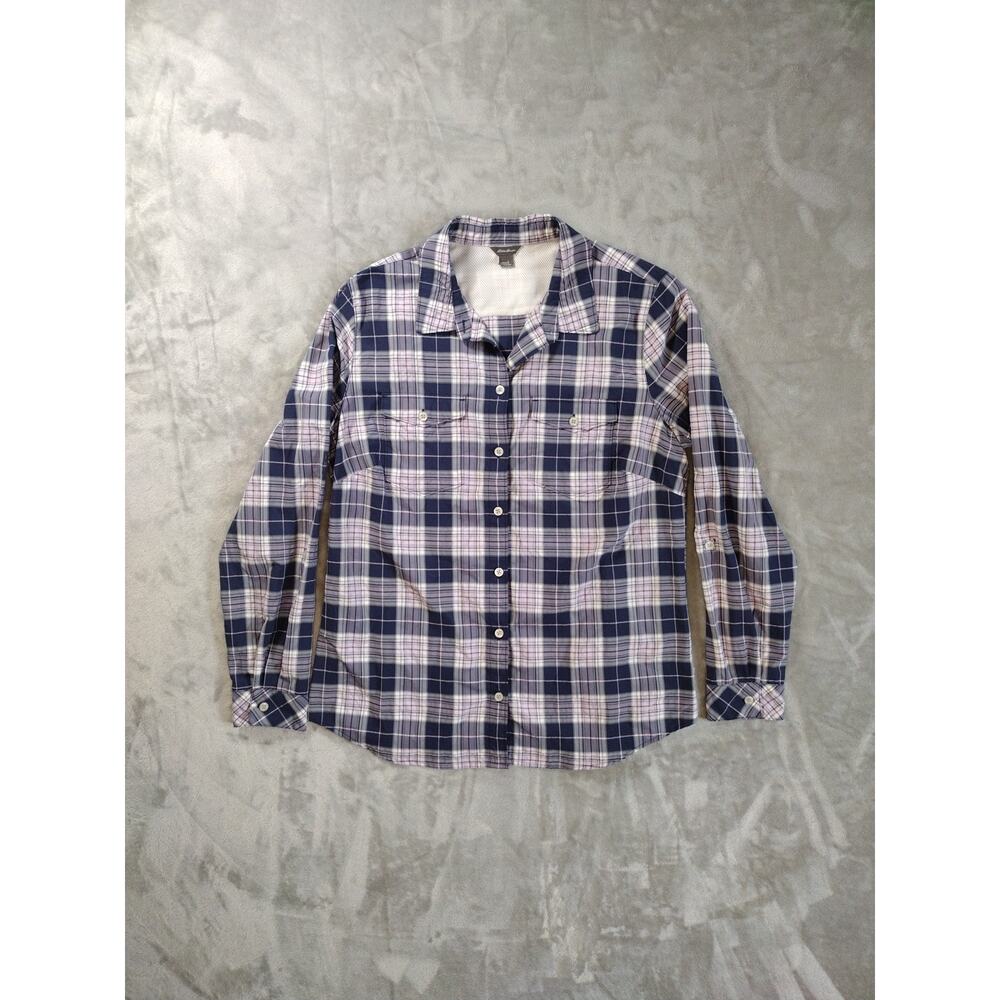 Eddie Bauer Button Shirt Womens L Plaid Navy Purple Mesh Vent Hiking Outdoor
